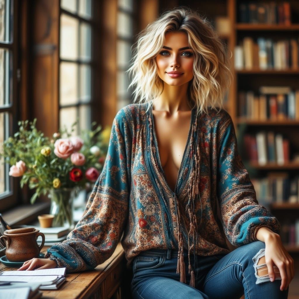 Stunning Woman with Sapphire Top in Library