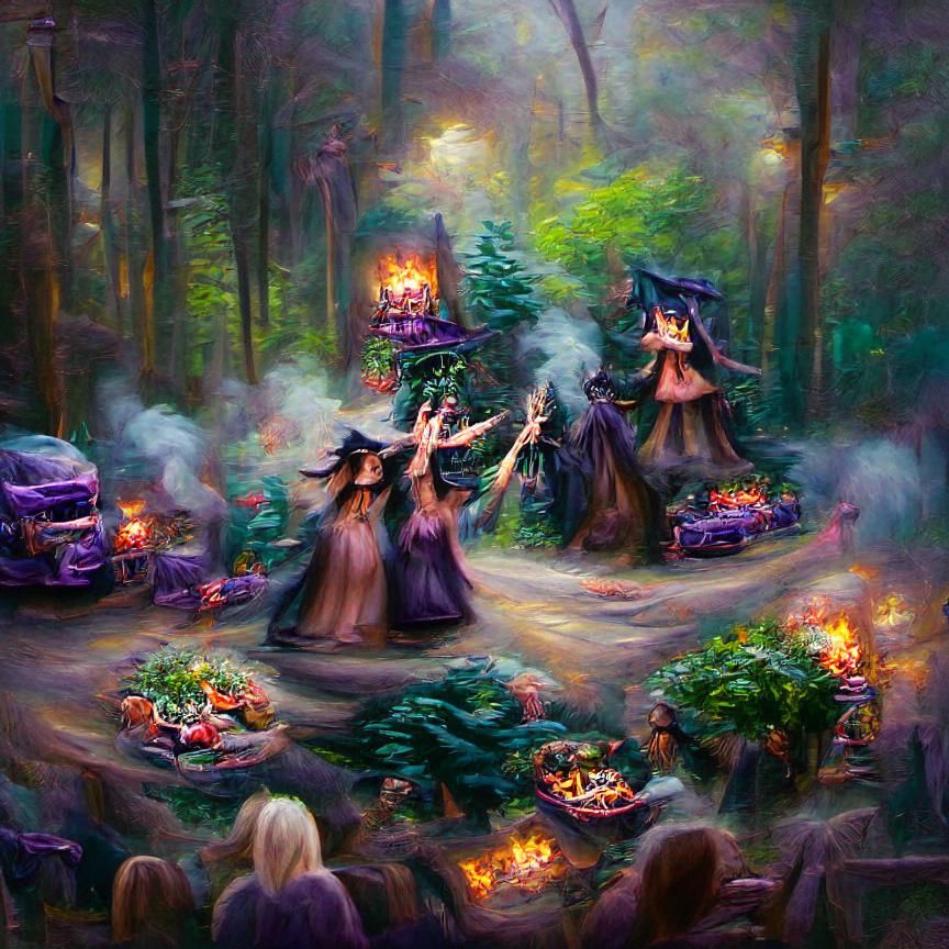 Witches' Forest Ritual in Kinkade Style