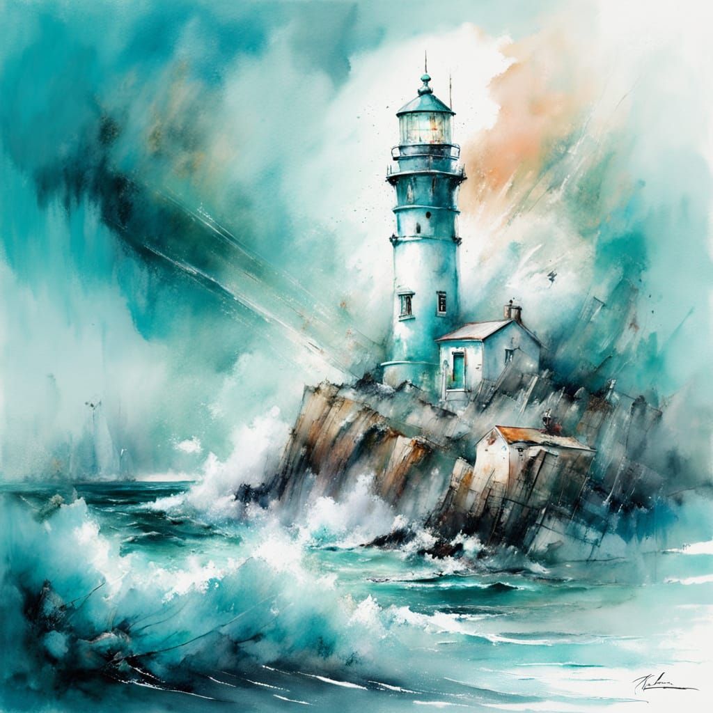 Turquoise Lighthouse in Misty Seascape: Watercolour Fusion