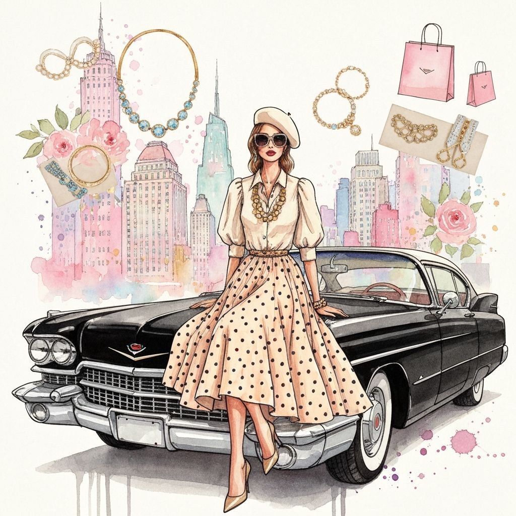 Fashionable Woman on Cadillac with NYC Skyline, Watercolor S...