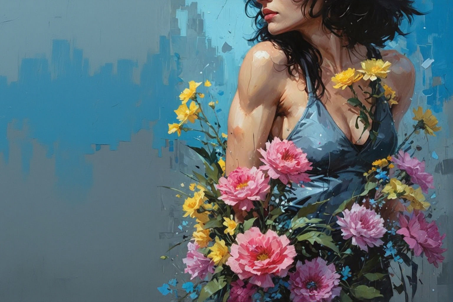 Punk Rock Brunette Surrounded by Flowers in Oil Painting Sty...