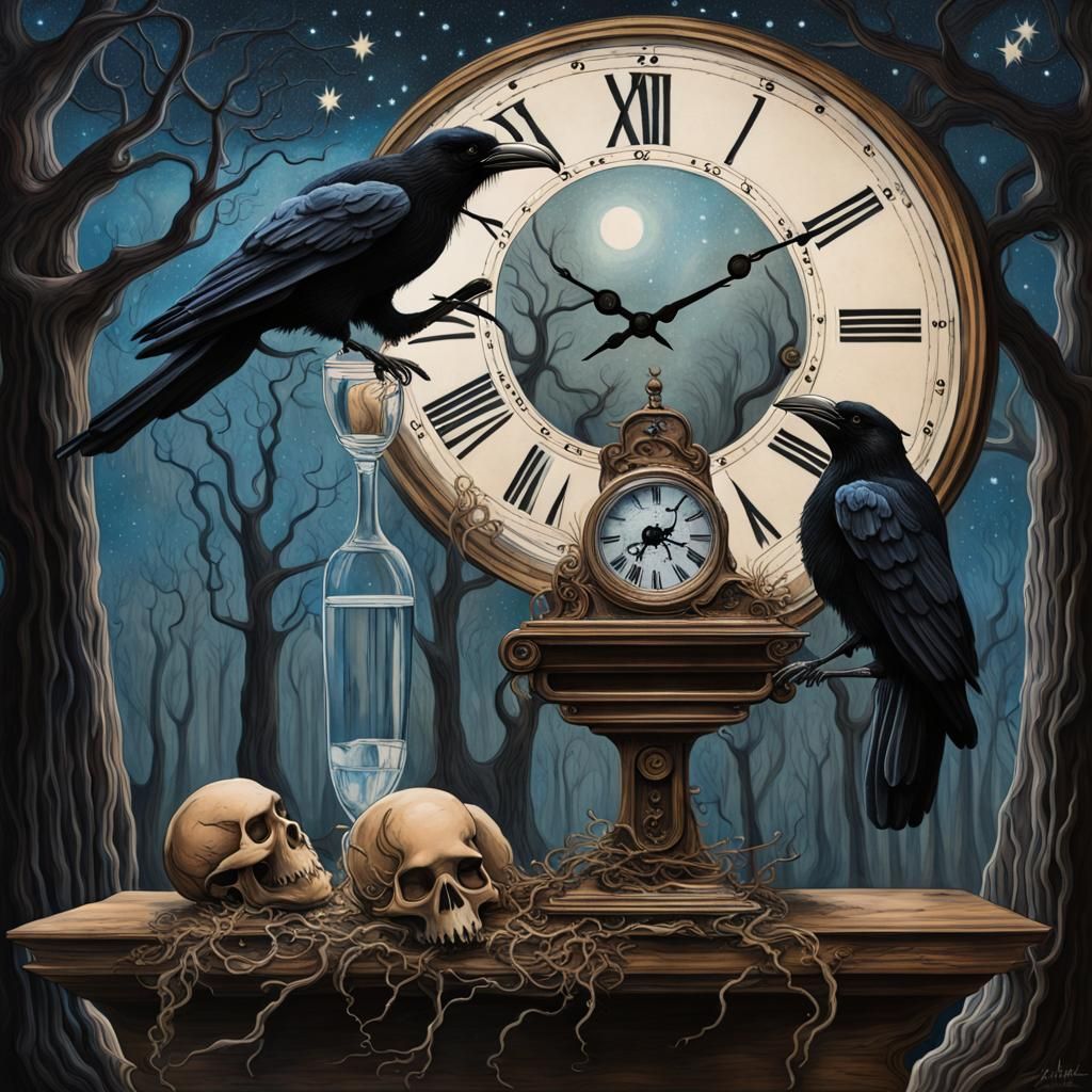 Ravens Devouring Skull Clock in Surrealist Style