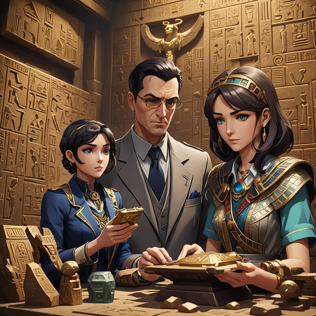 Detective Examines Artifact in Anime-Style Egyptian Scene