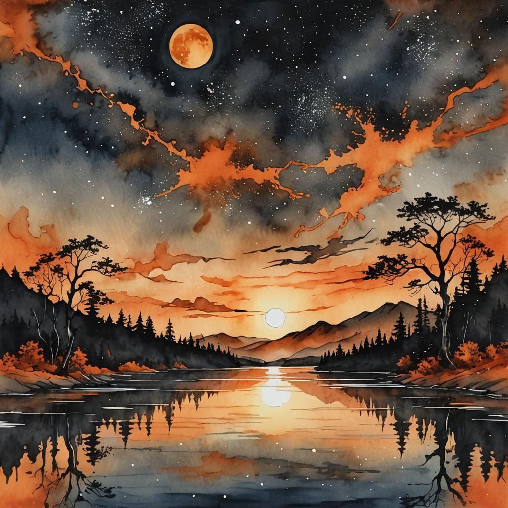 Orange Night Sky Watercolor Painting with Milky Way