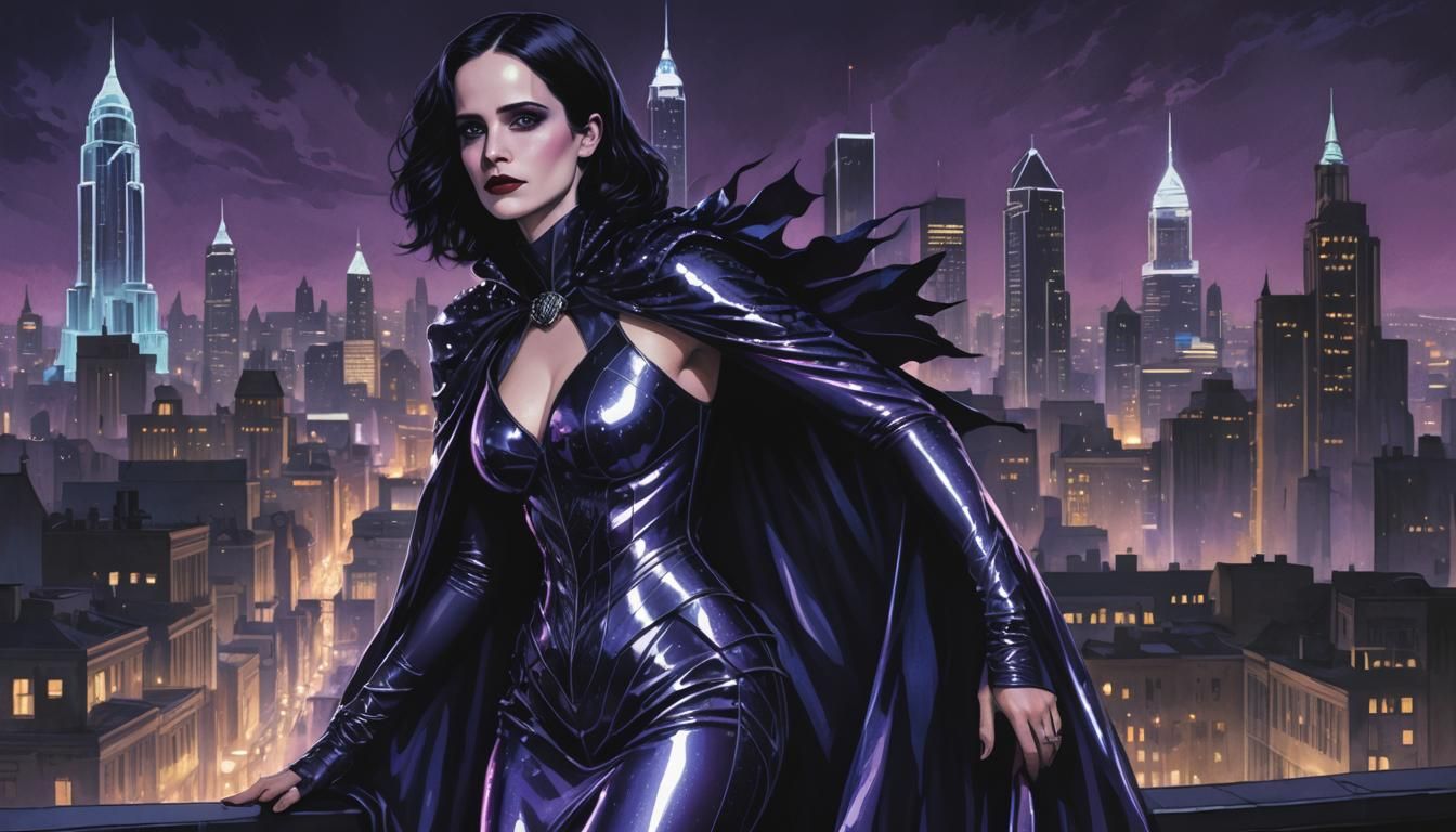 Eva Green as Latex Superhero in Gothic Cityscape