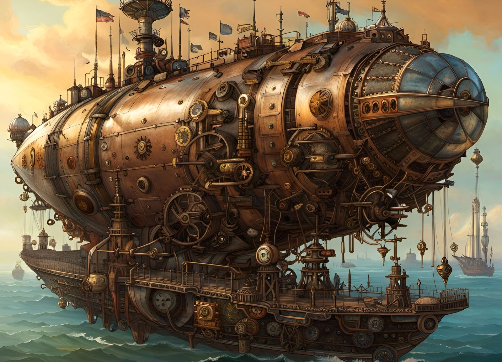 Steampunk Airship at Magic Hour: Detailed Digital Art