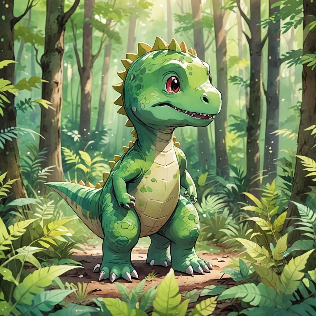 Kawaii Dinosaur in Anime Watercolor Forest
