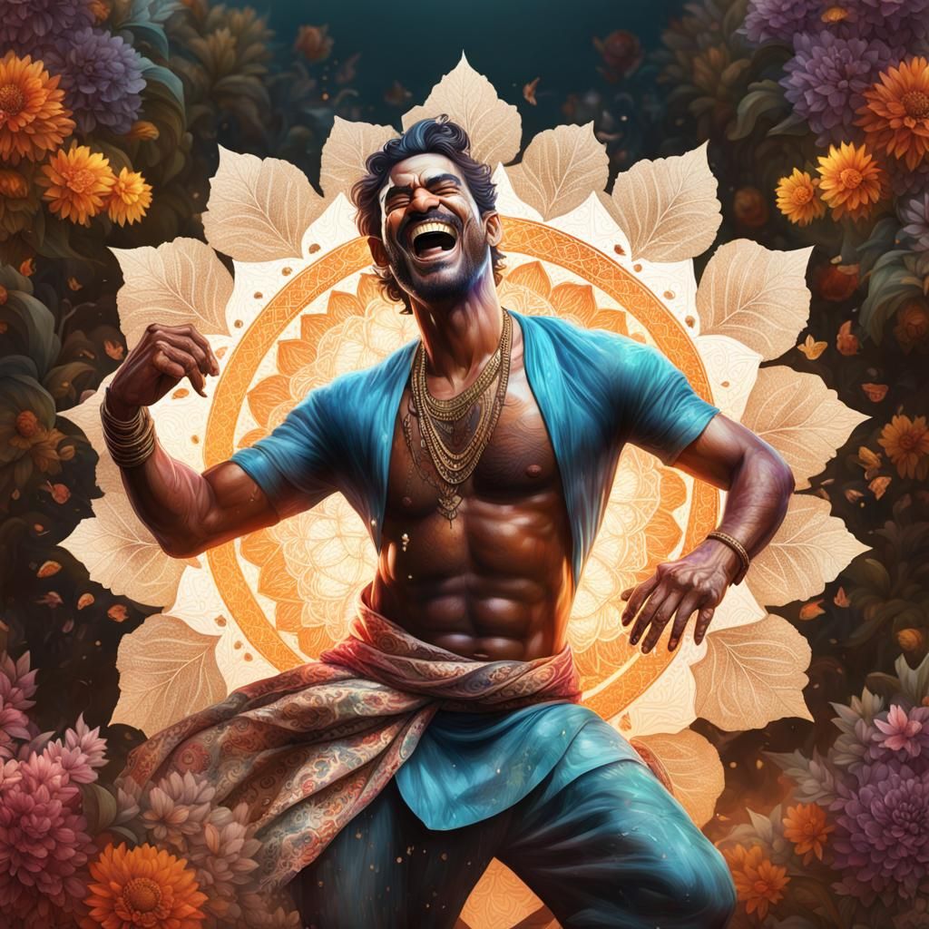 Illuminated Double Exposure Portrait of Laughing Man