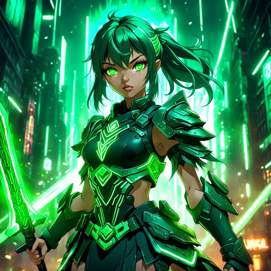 Neon Anime Warrior Girl in Detailed Matte Painting