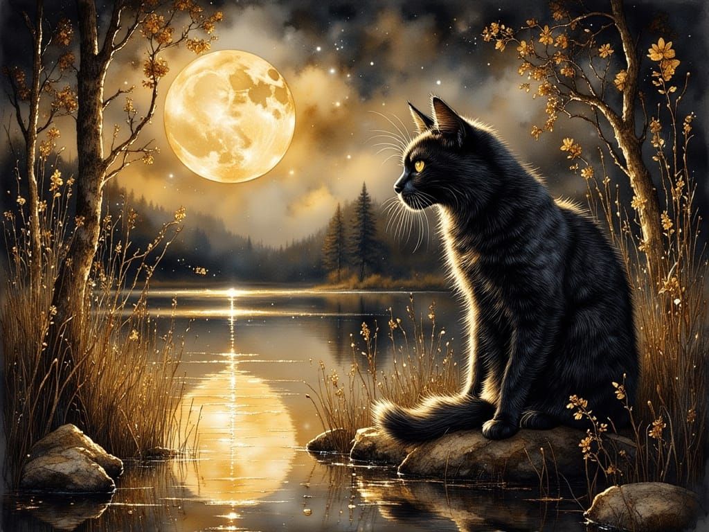 Opulent Gold Cat Portrait Under Magical Moon
