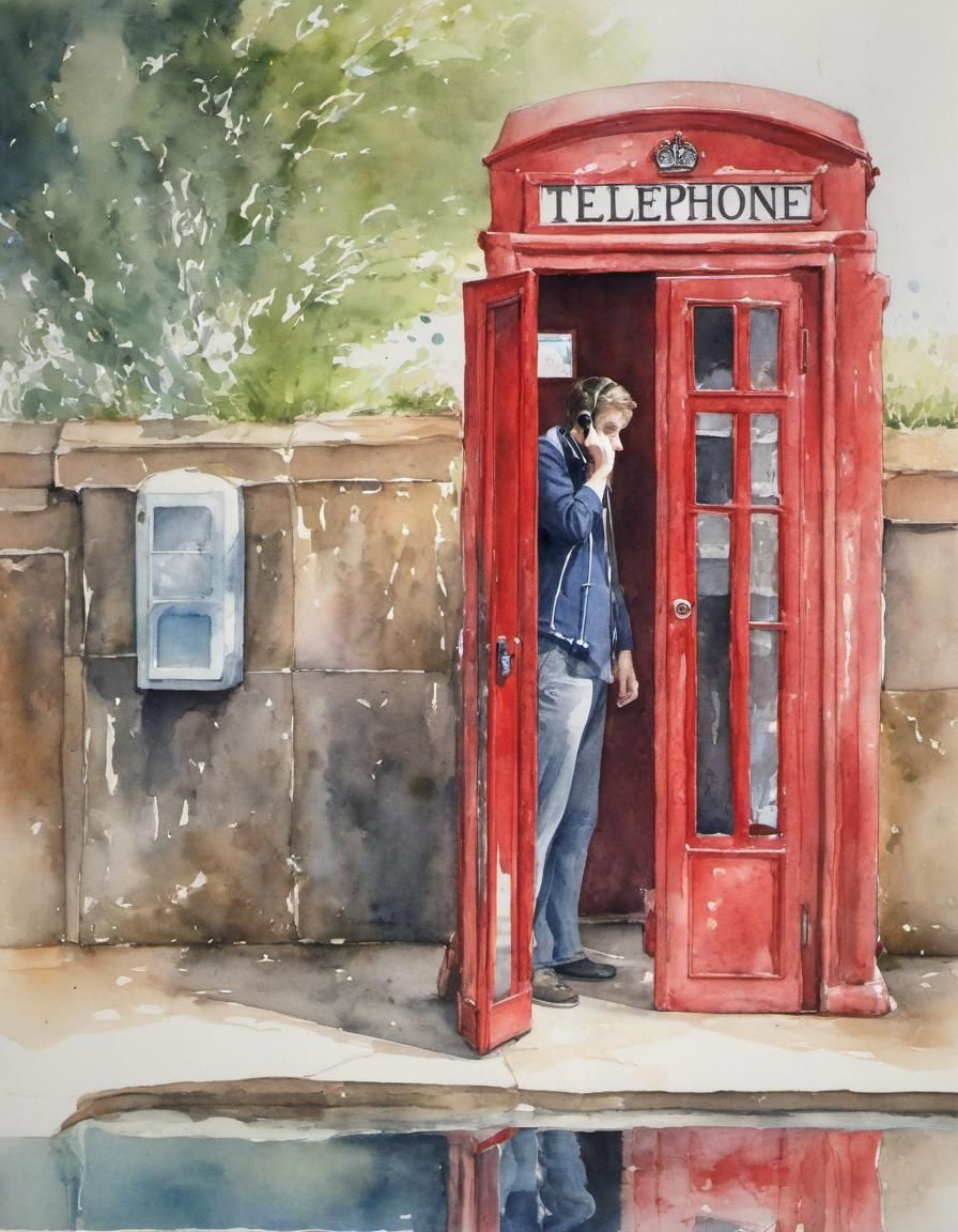Red Telephone Box in Watercolor Style
