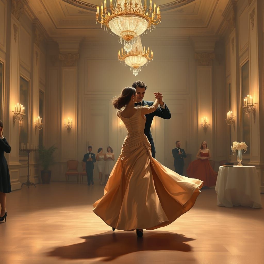 Elegant Couple Waltzing in Romantic Ballroom