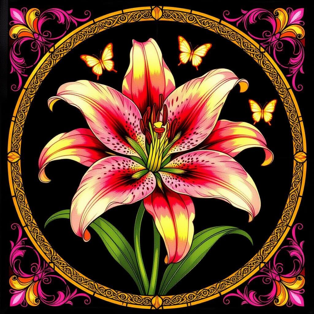 Vibrant Stained Glass Lily with Glowing Butterflies in Art N...