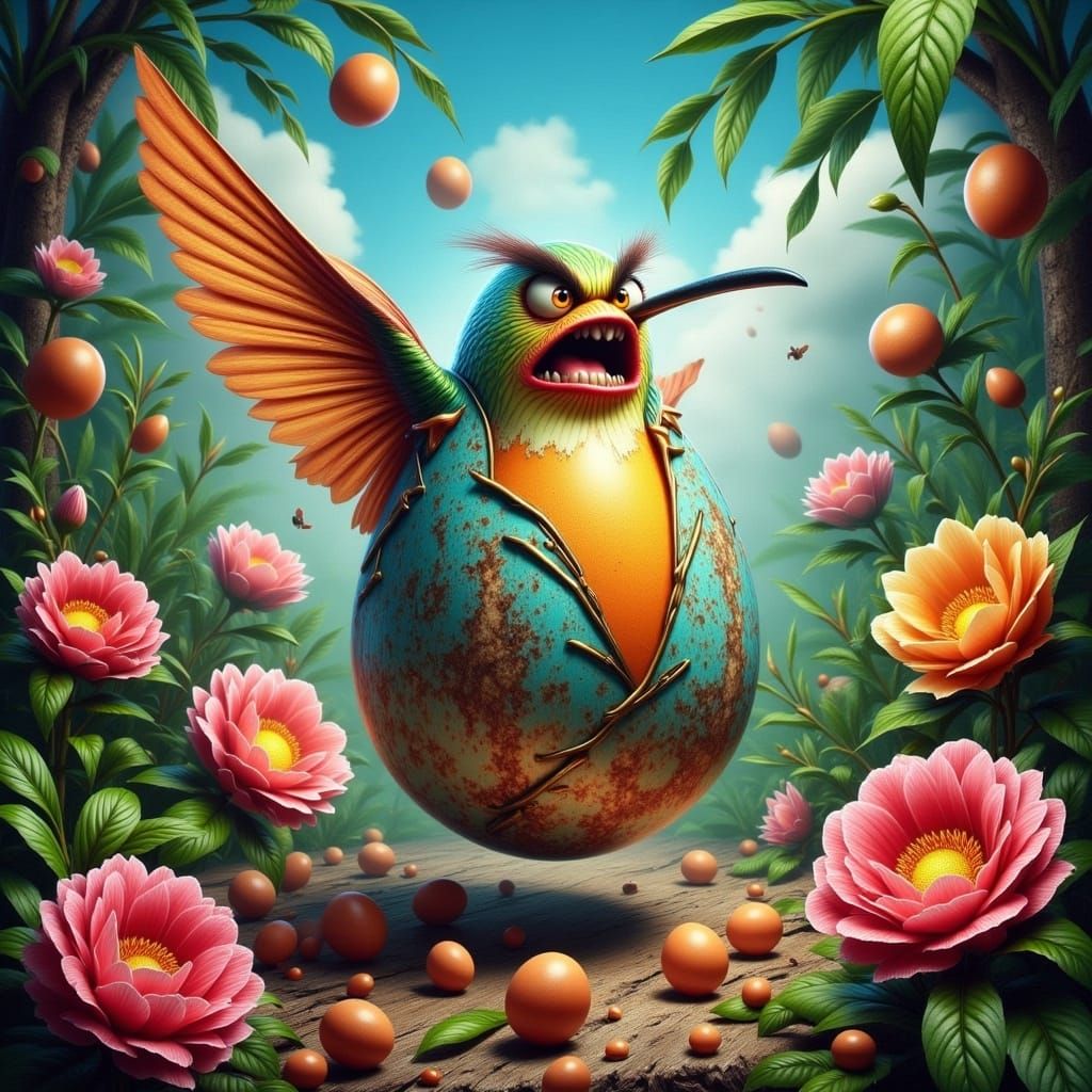 Angry Egg Hummingbird in Lush Tropical Garden