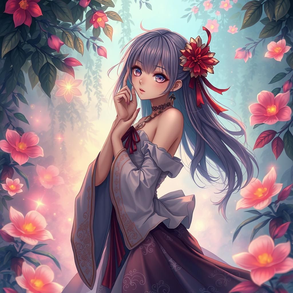 Dreamlike Anime Girl in Mystical Foliage