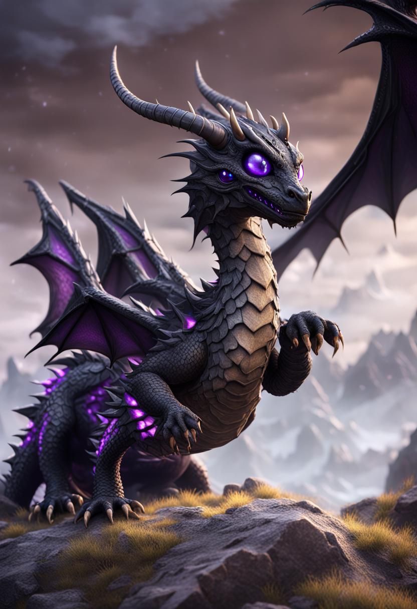 Cute Black Dragon with Purple Eyes, Detailed Fantasy Art