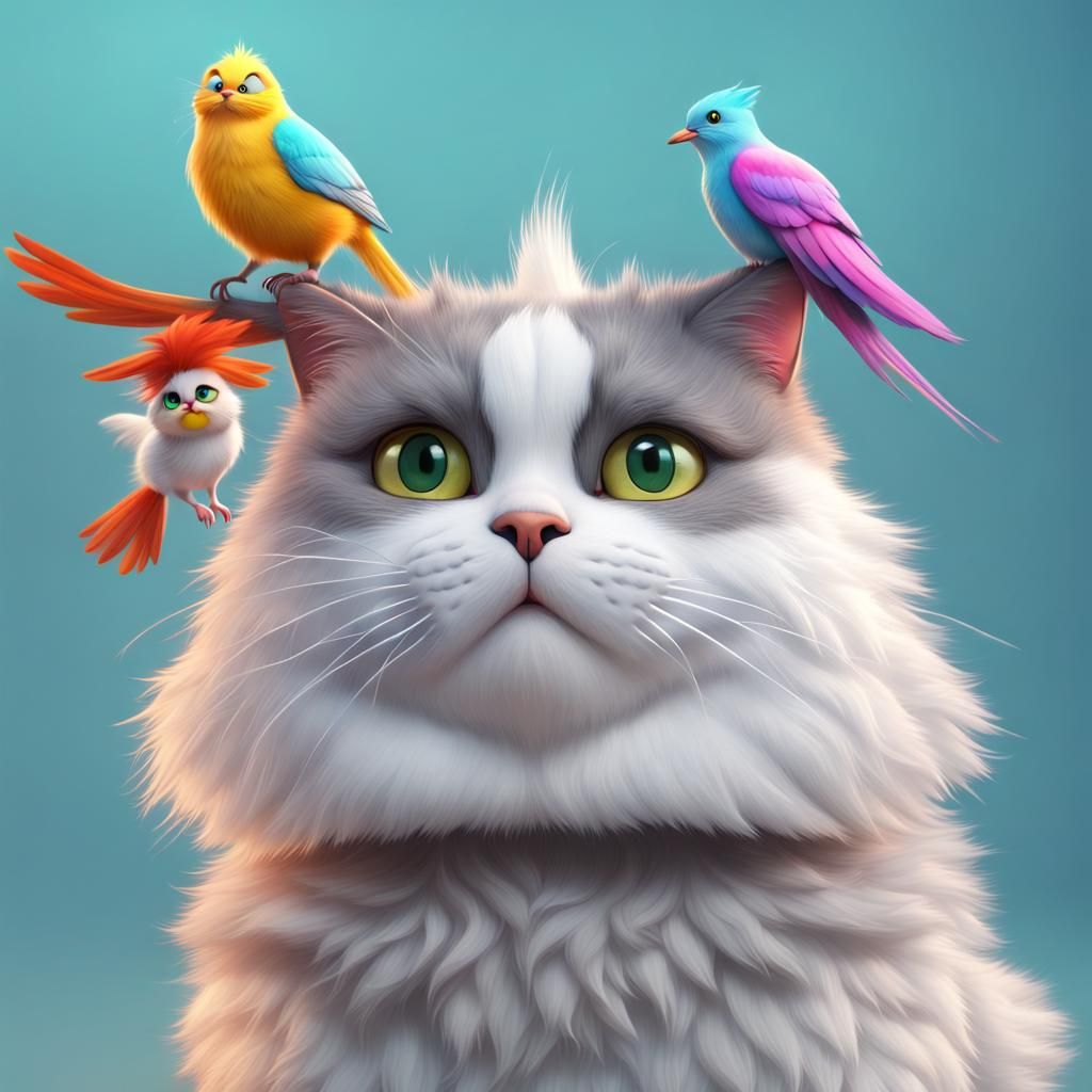 Grumpy Cat with Bird: 3D Digital Art