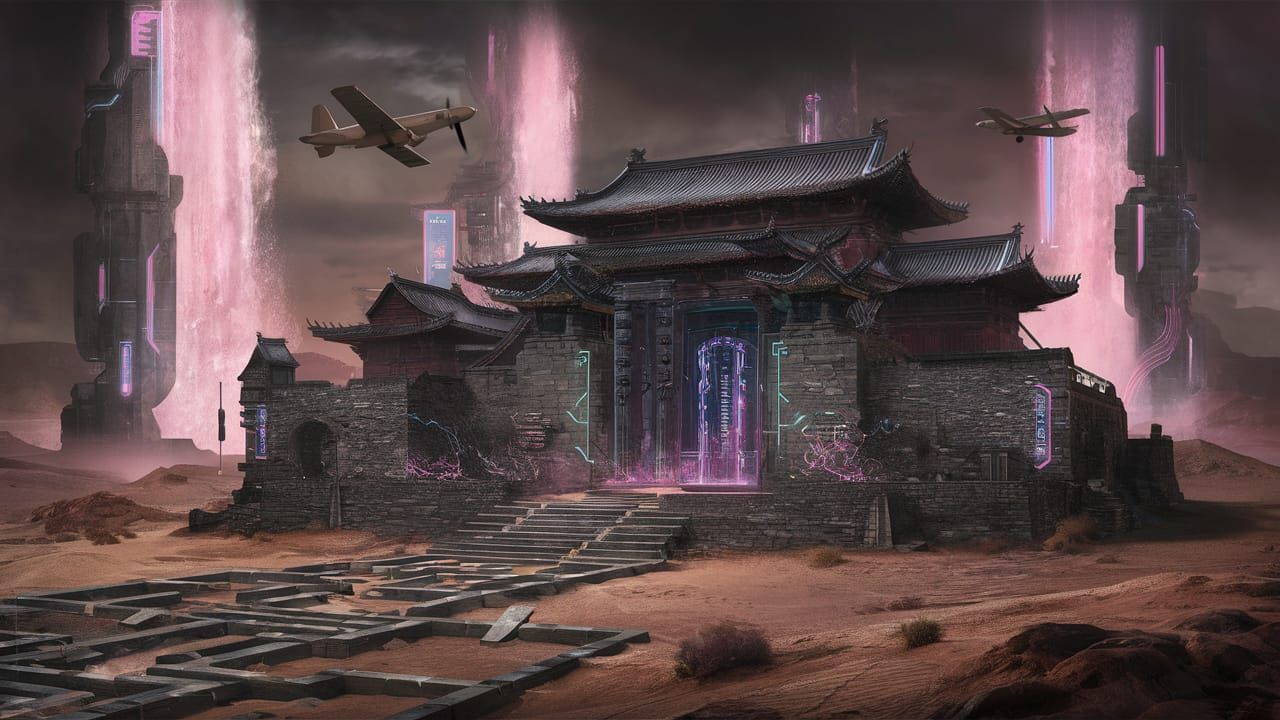 Cyberpunk Desert Temple with Waterfalls and Plane