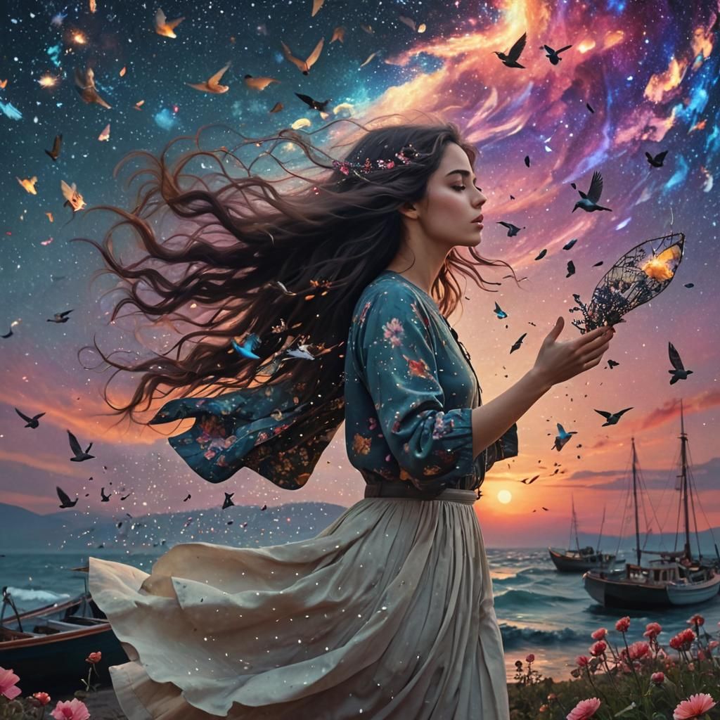 Woman Holding Galaxy: Vibrant Digital Art