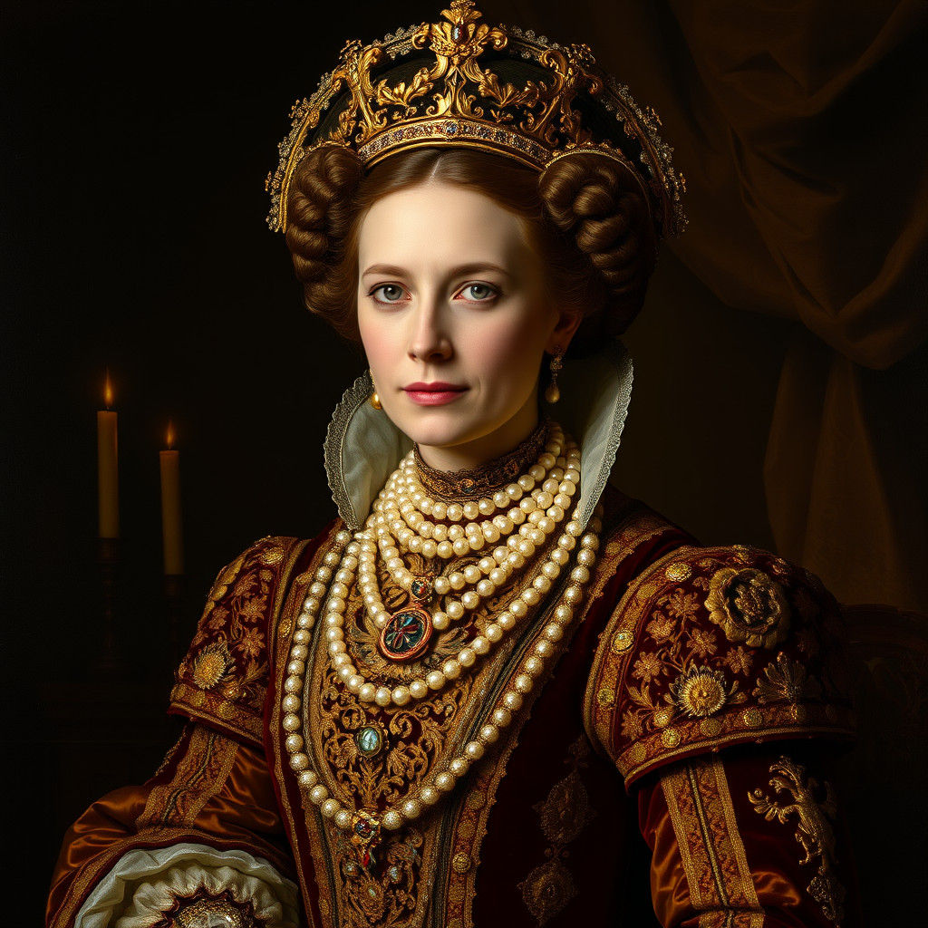 Baroque Queen Portrait with Gold and Pearls