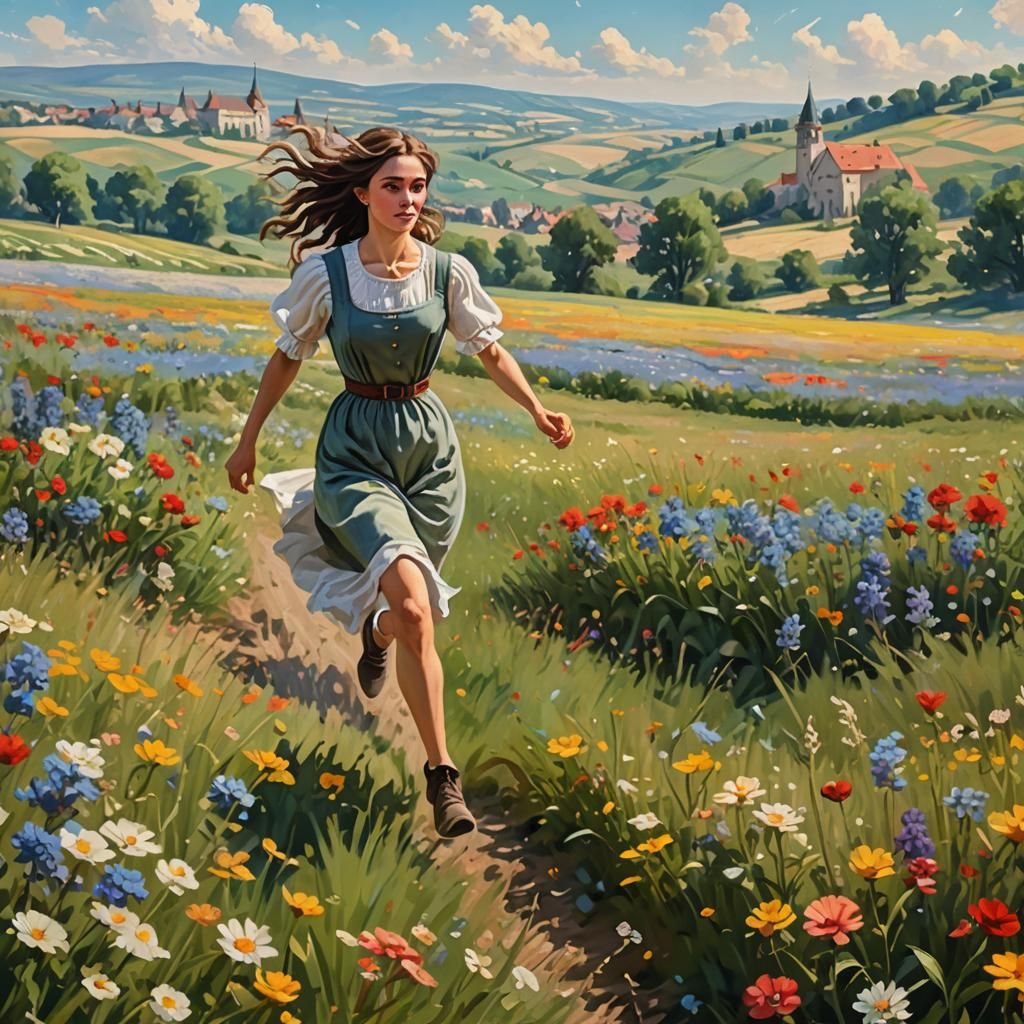 Girl in Flower Field: American Impressionism Oil Painting