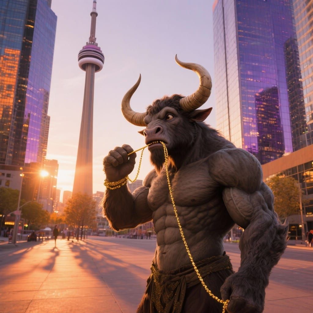 Minotaur Flossing Before CN Tower in Toronto