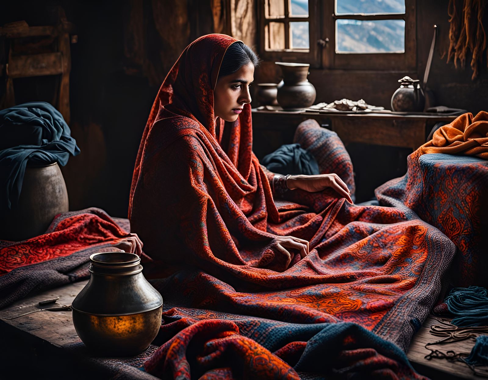 Artisanal Cashmere Wool Processing in Kashmir: Oil Painting