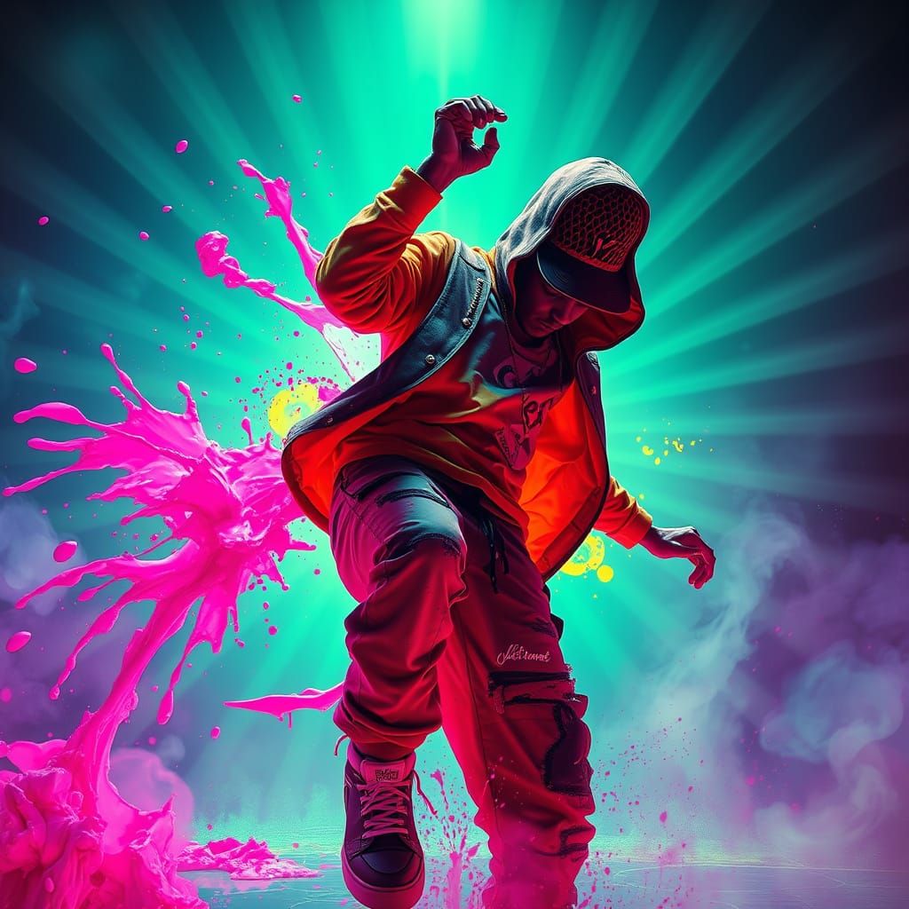 Bioluminescent Neon Hip Hop Dancer in Matte Painting