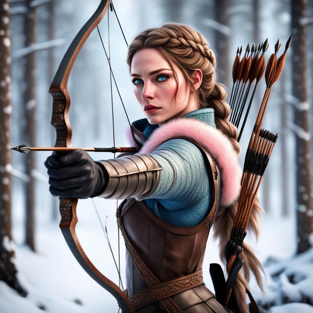 Realistic Fantasy Female Hunter in Snowy Forest