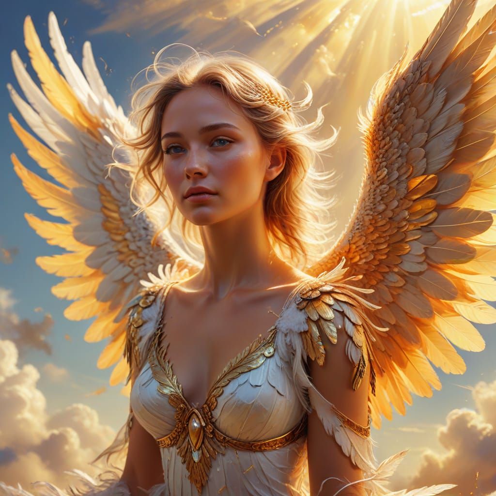 Ethereal Angel Spreads Wings: Fantasy Oil Painting
