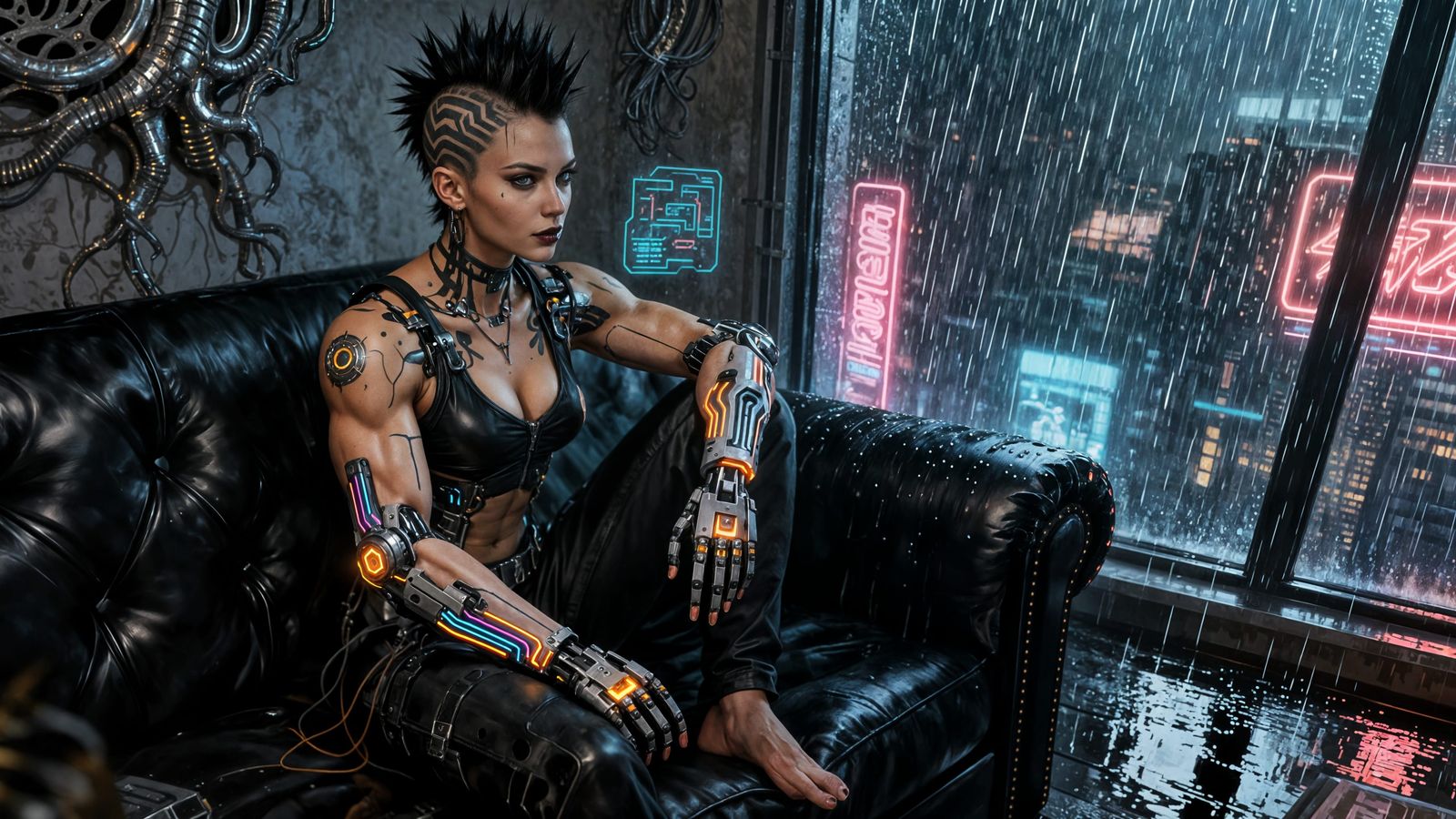 Gothic Woman with Mohawk on Cyberpunk Couch