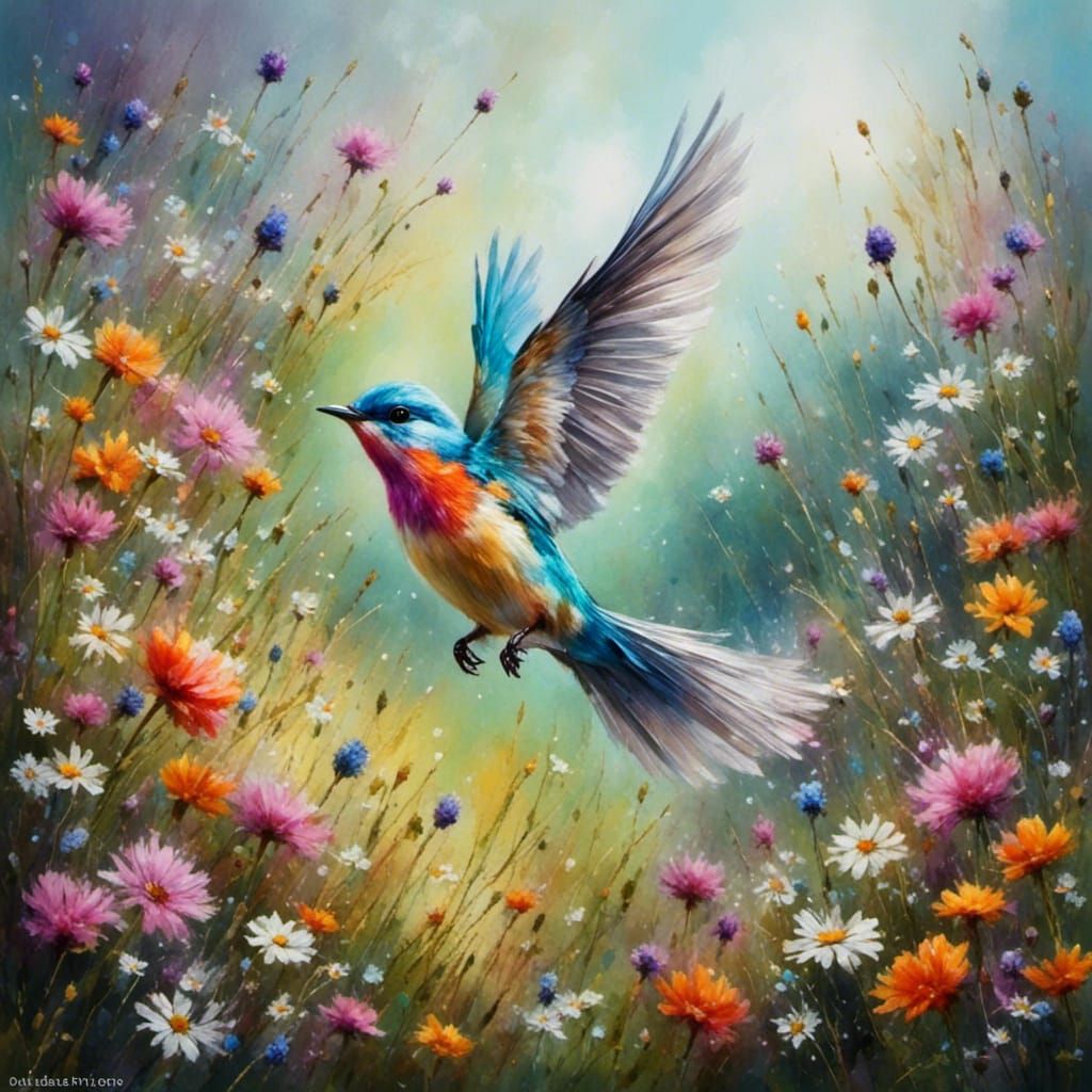 Colorful Bird in Blooming Meadow: Photorealistic Painting