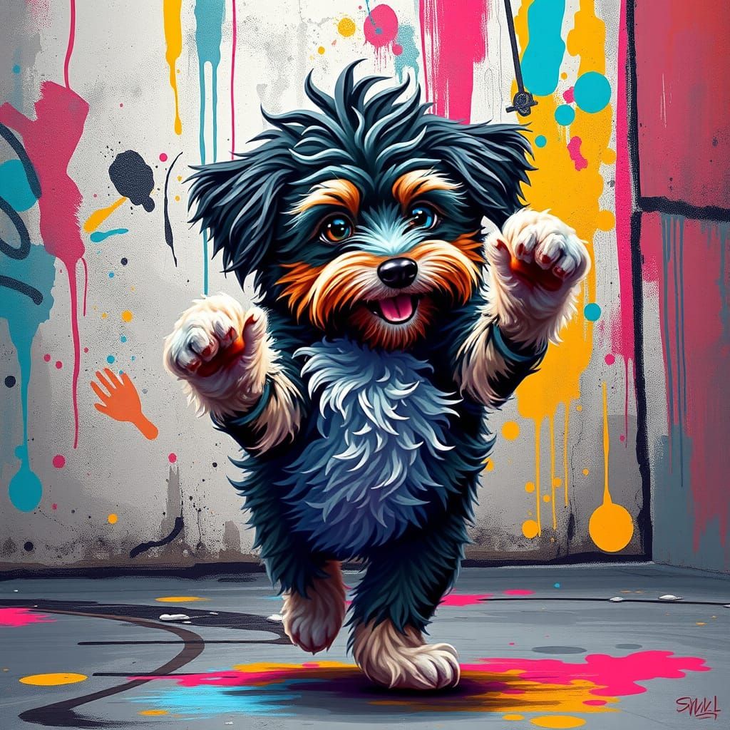 Dancing Miniature Aussiedoodle in Vibrant Street Art Style