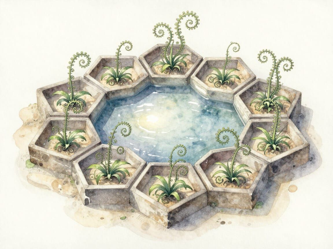 Serene Japanese Garden with Hexagonal Pond in Watercolor