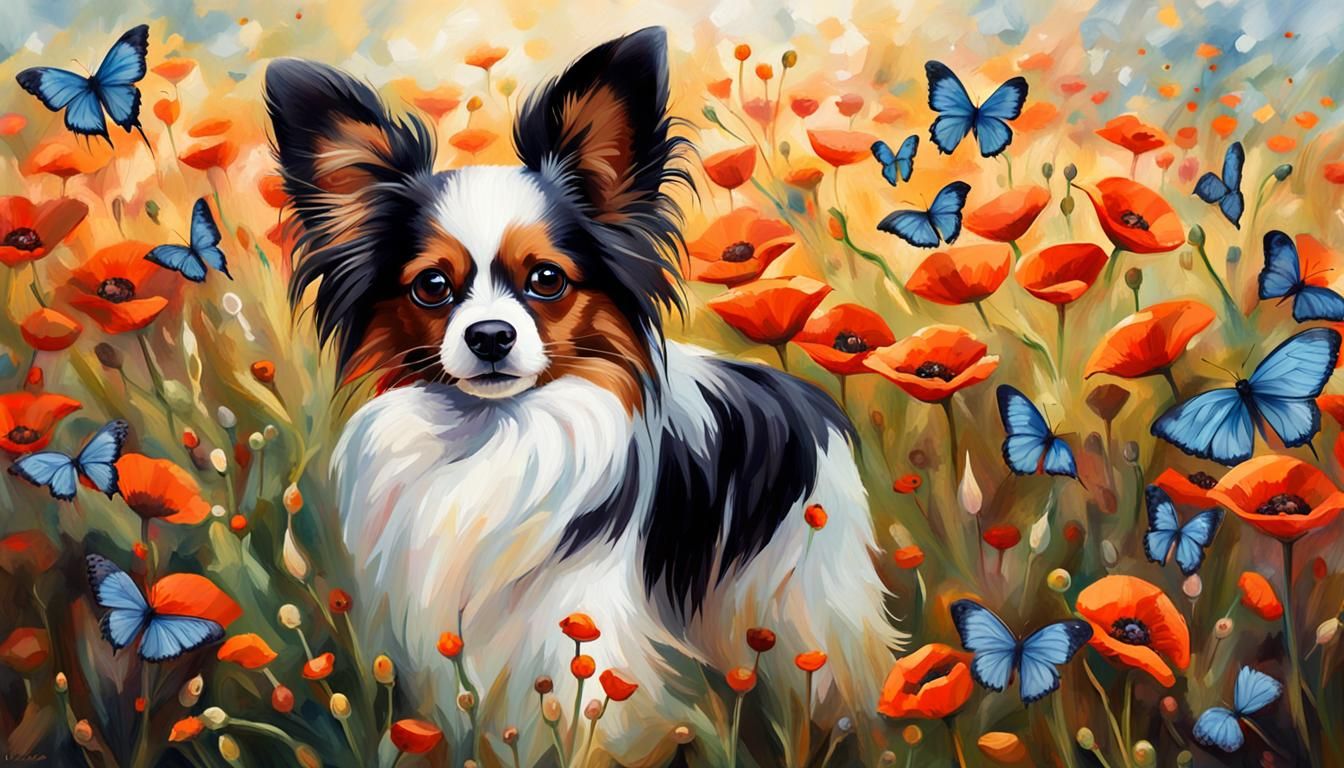 Papillon Dog Portrait in Impressionistic Style