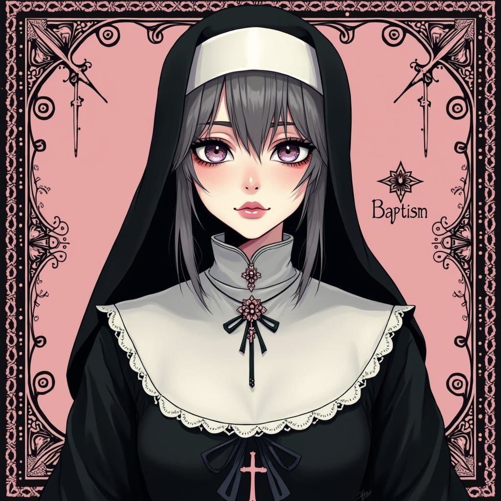 Dark Goth Nun with Baptism Text, Anime Style
