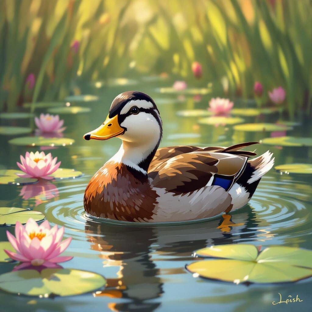 Happy Duck in Pond, Impressionist Style