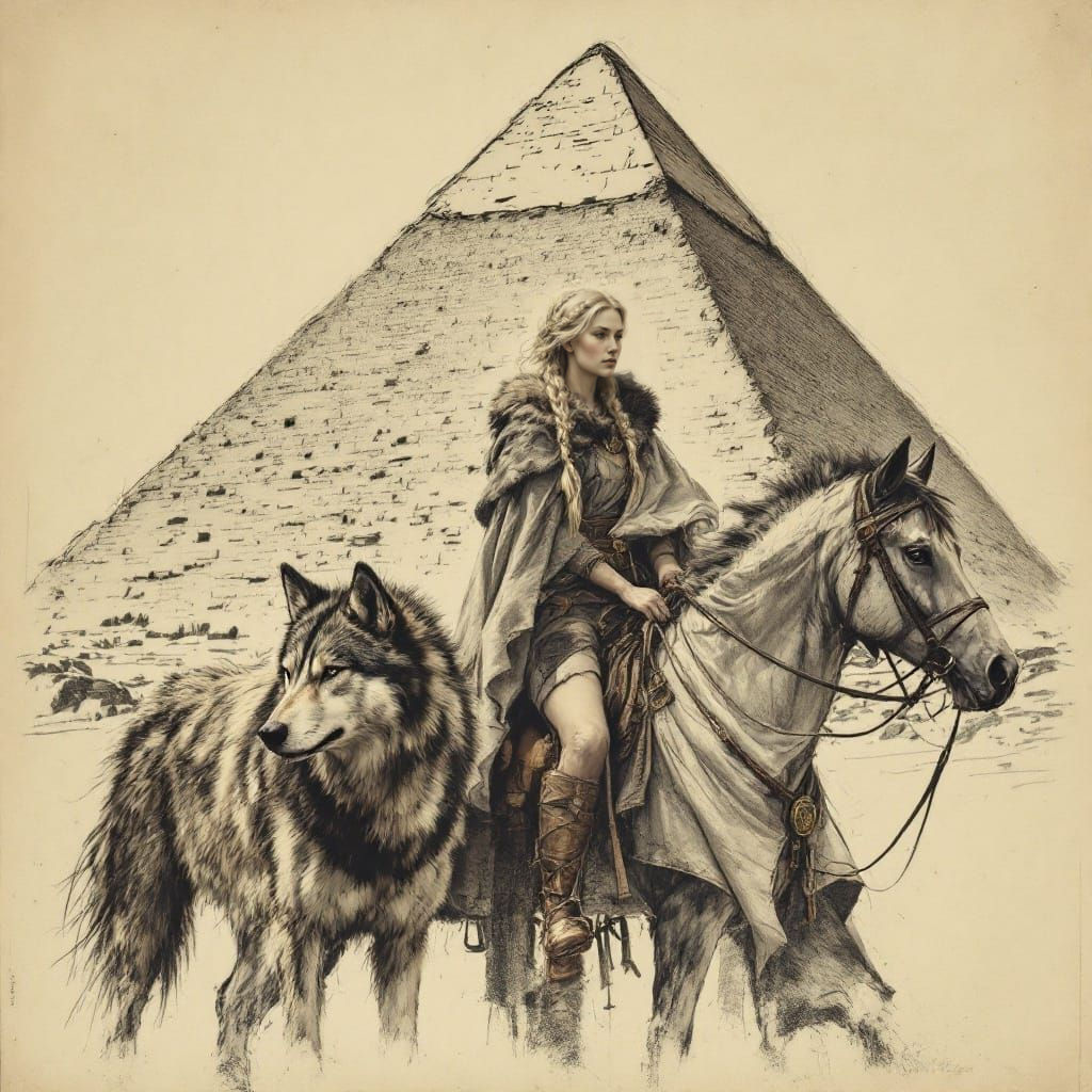 Woman on Horse at Pyramid, Vintage Charcoal Sketch