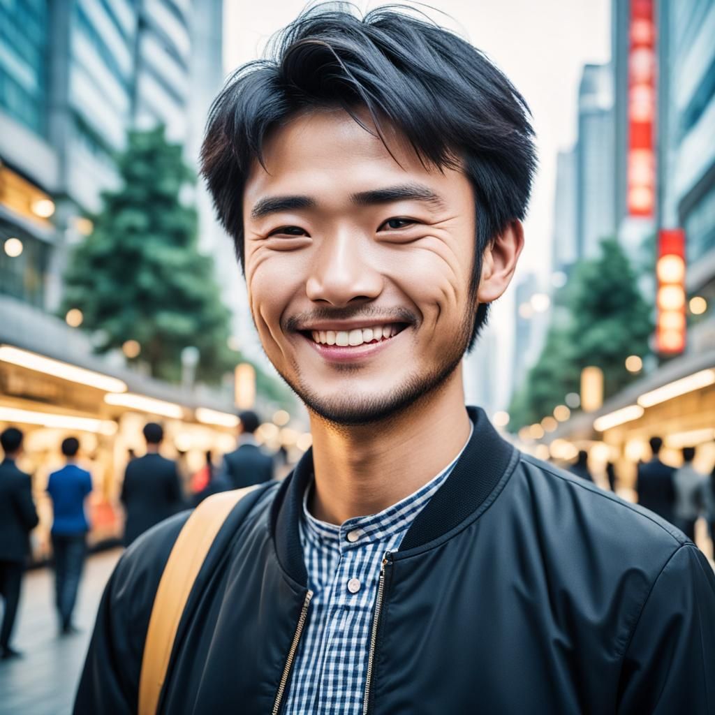 Smiling Person in Busy Cityscape