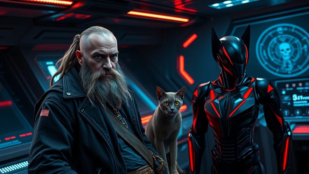 Space Pirate Captain on Starship Bridge with Android and Cat