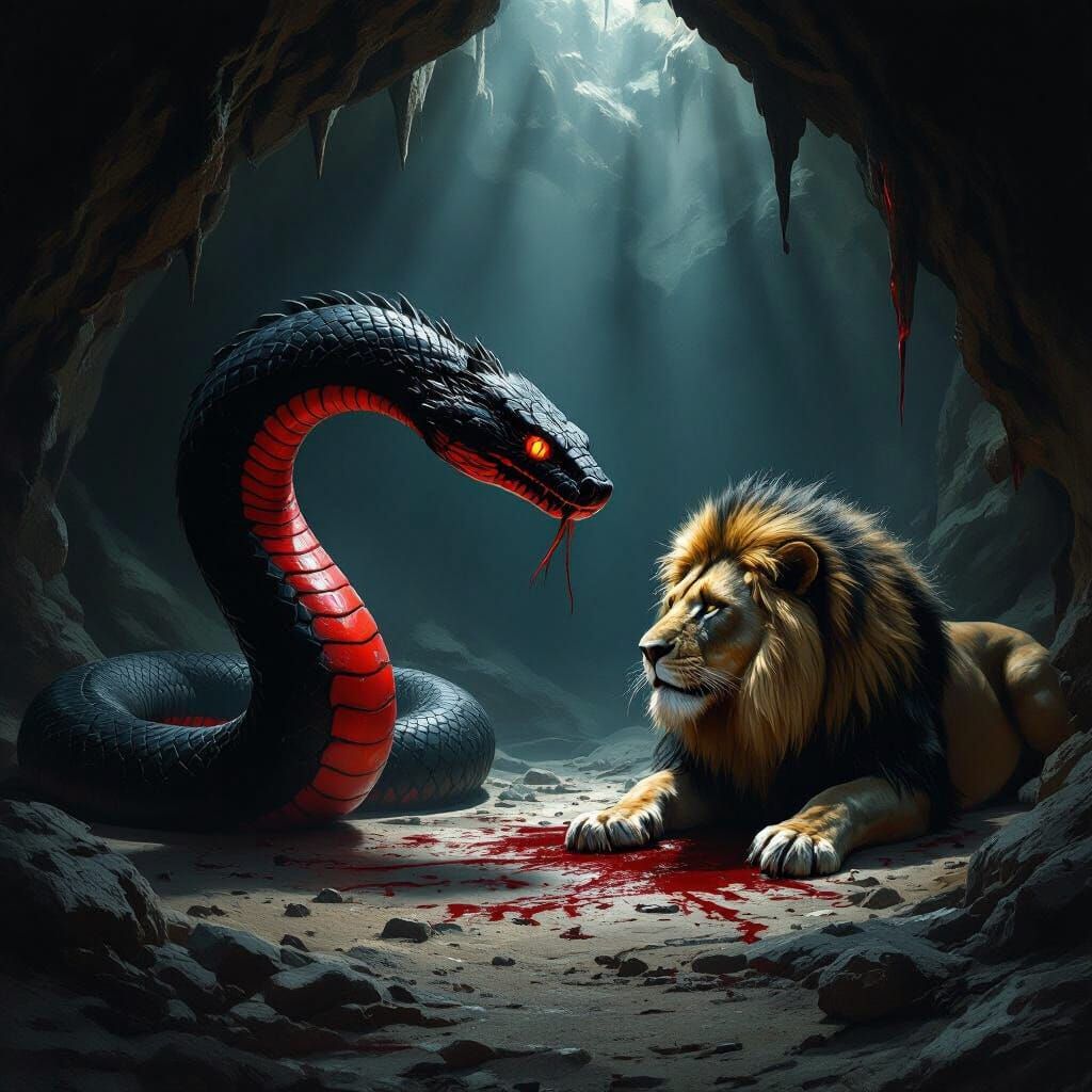 Black Serpent Confronts Wounded Lion in Dark Cave