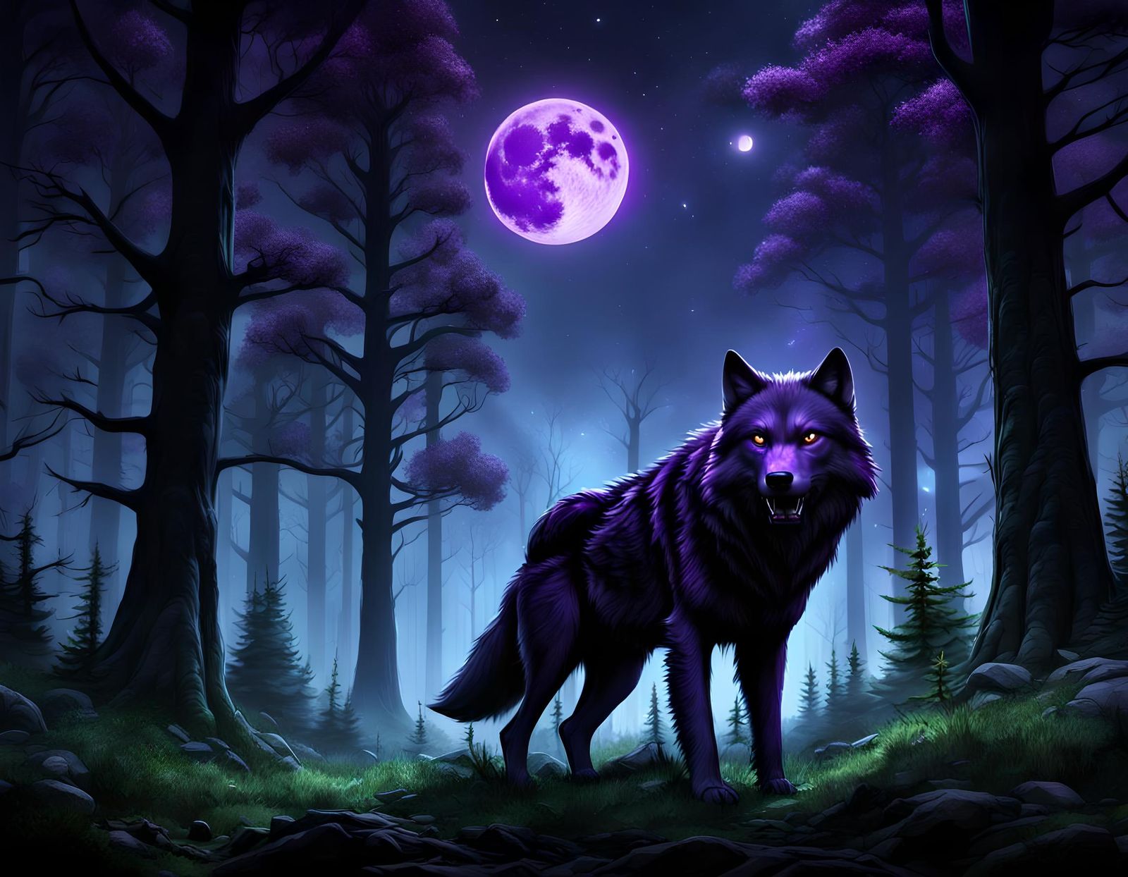 Wolves Roam Dark Forest Under Purple Moon
