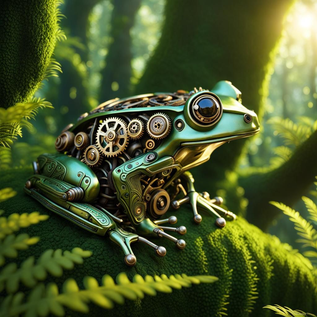 Steampunk Rainforest Panorama with Mechanical Tree Frogs