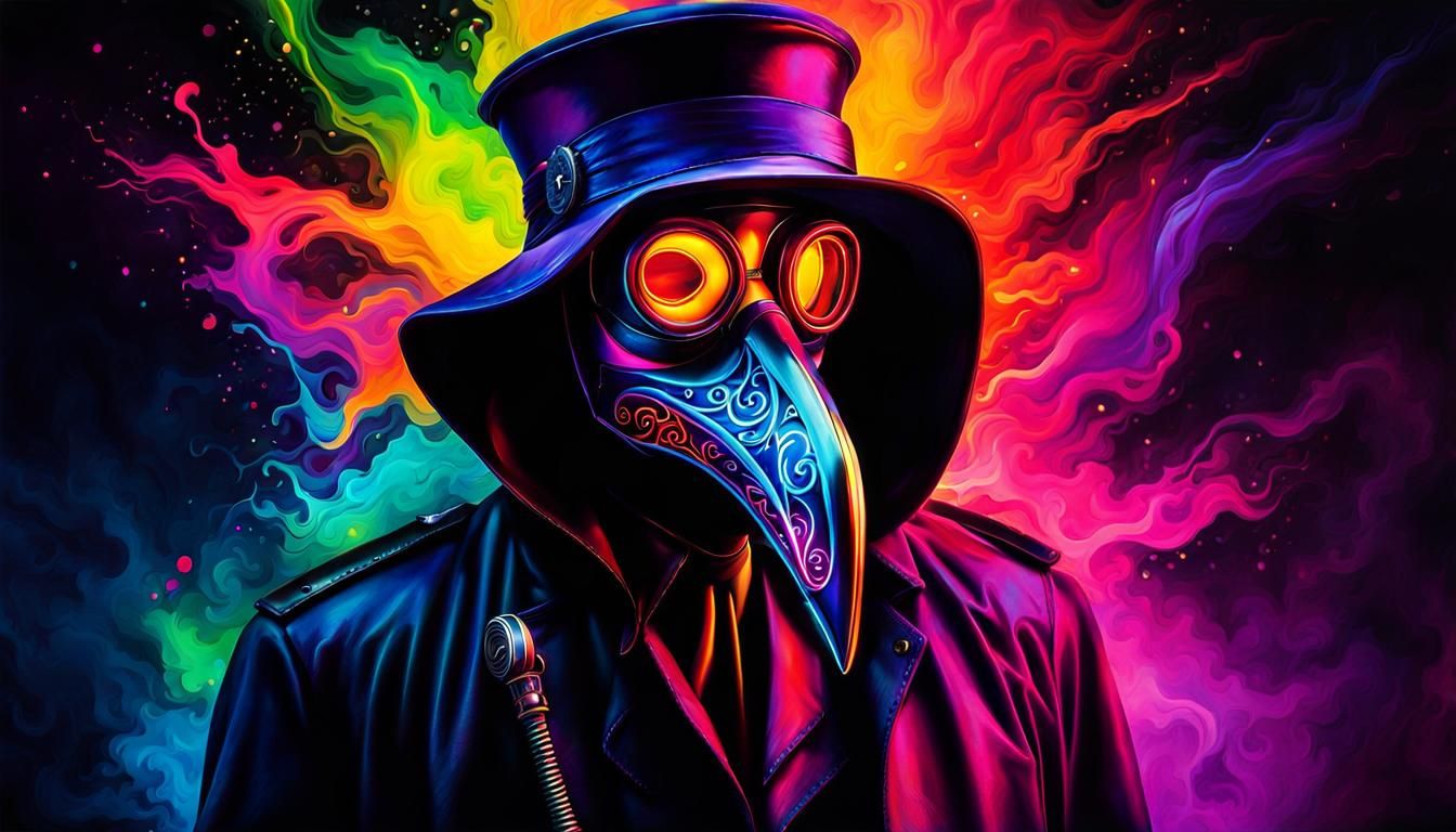 Psychedelic Neon Plague Doctor Mask: Iridescent Watercolor