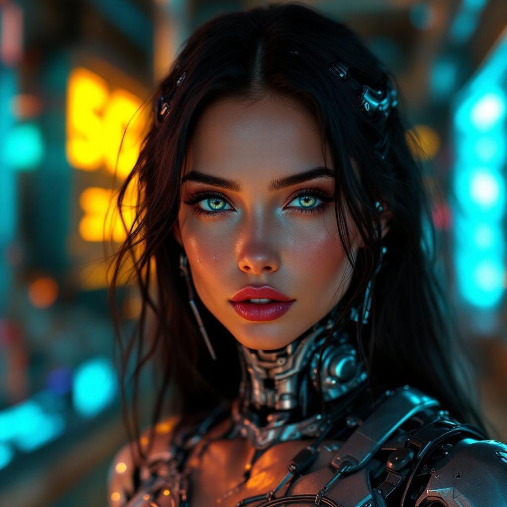 Cyborg Woman with Metal Implants in Cyberpunk Style