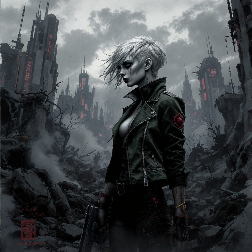 Cyberpunk Woman in Ruins with Blaster Pistol