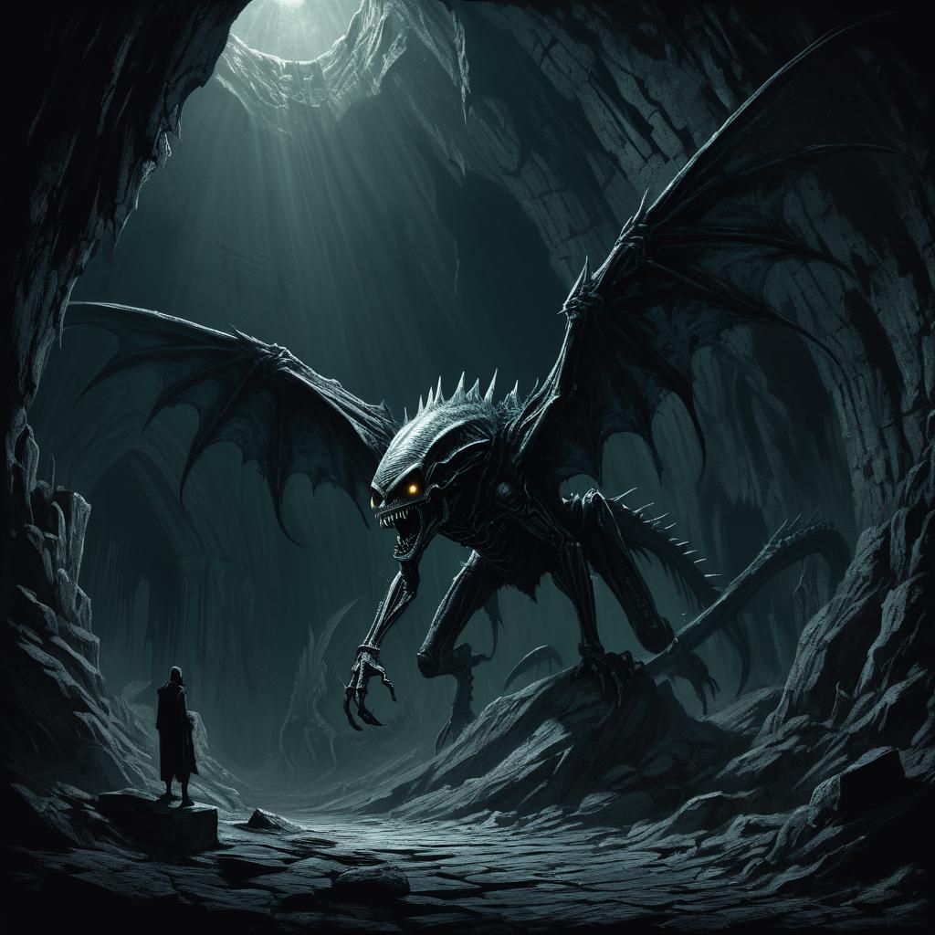 Dark Fantasy Alien in Gothic Cave