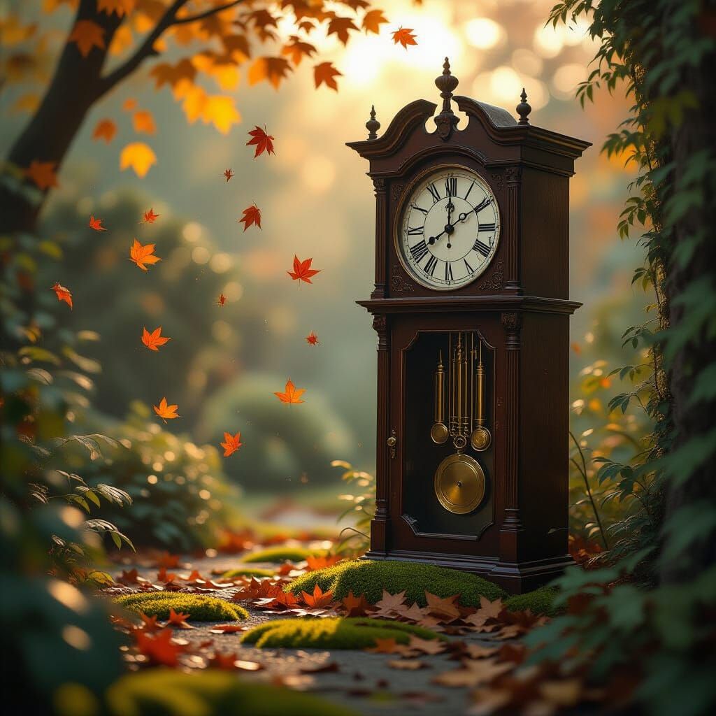 Weathered Grandfather Clock in Sun-Dappled Autumn Garden