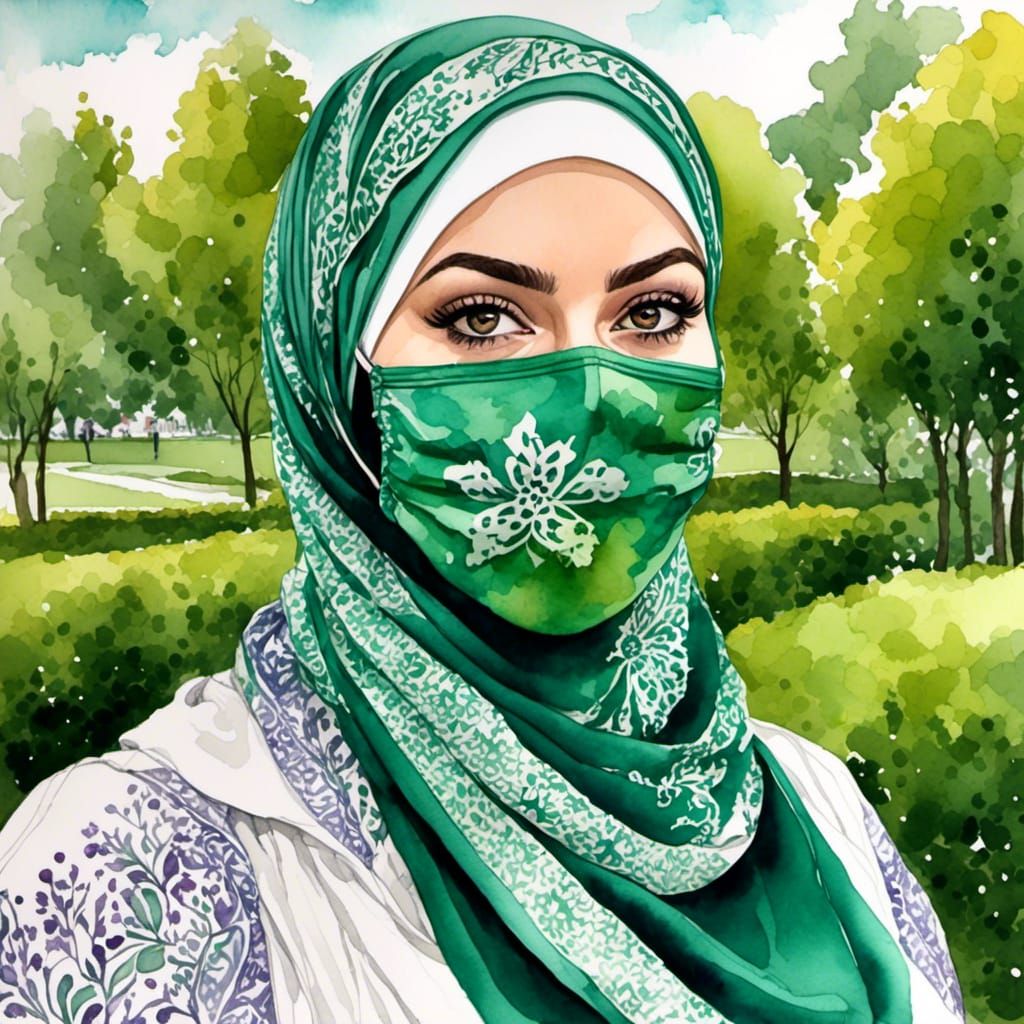 Portrait of a Woman in Hijab, Watercolor Style