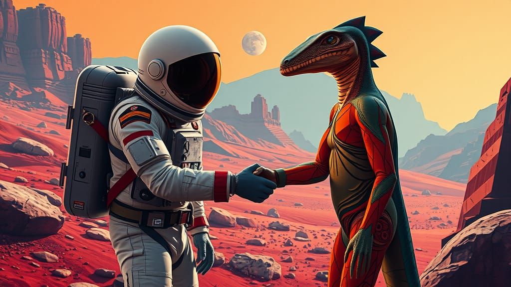 Astronaut and Martian Handshake in Cubist Style